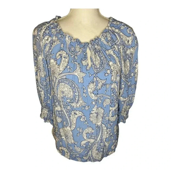 Talbots Women’s XS Blue Popover Paisley 3/4‎ Poet Sleeve Top - Picture 1 of 5